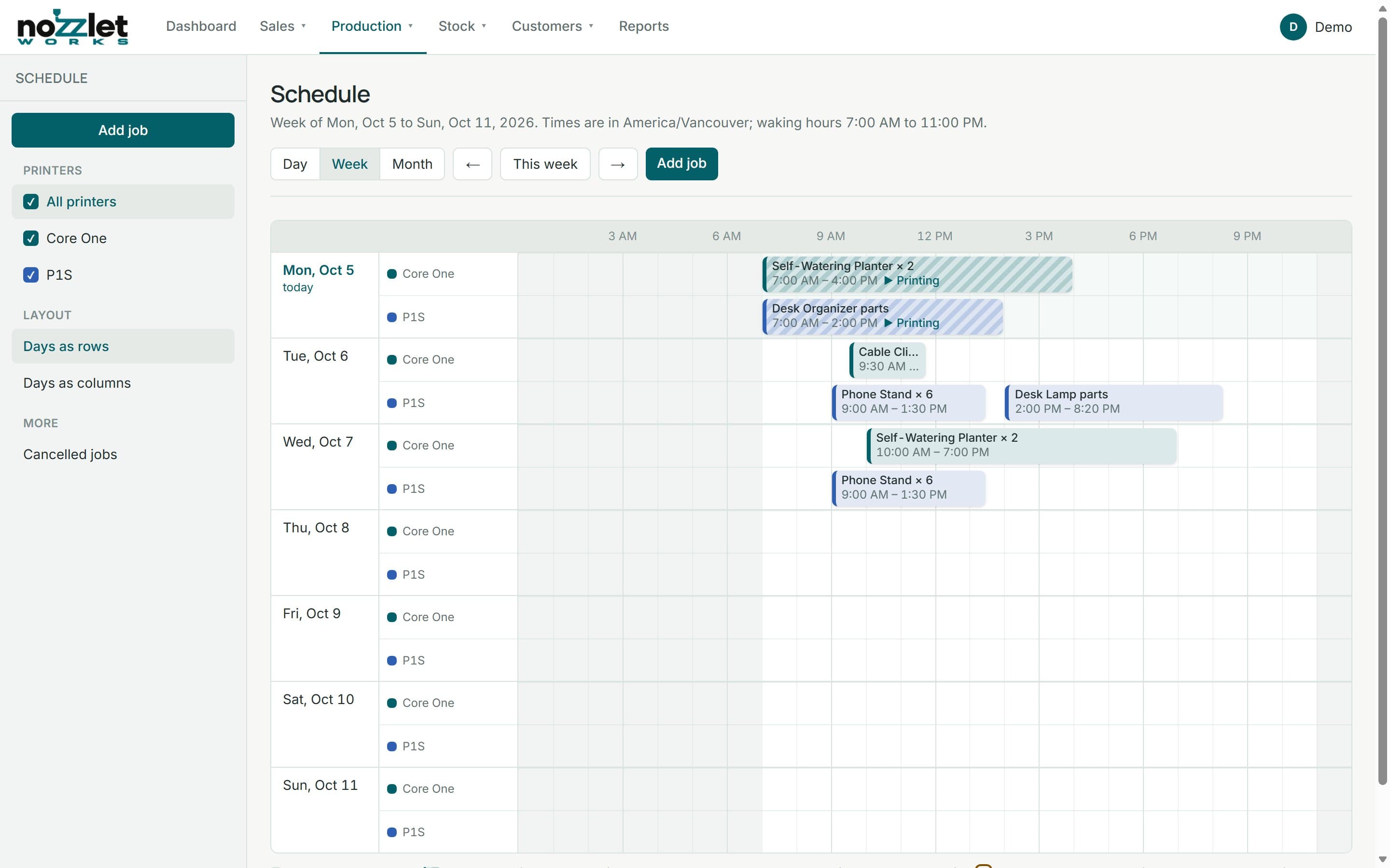 Nozzlet Works week schedule for two printers, with two jobs printing now and the rest of the week's jobs placed within waking hours.